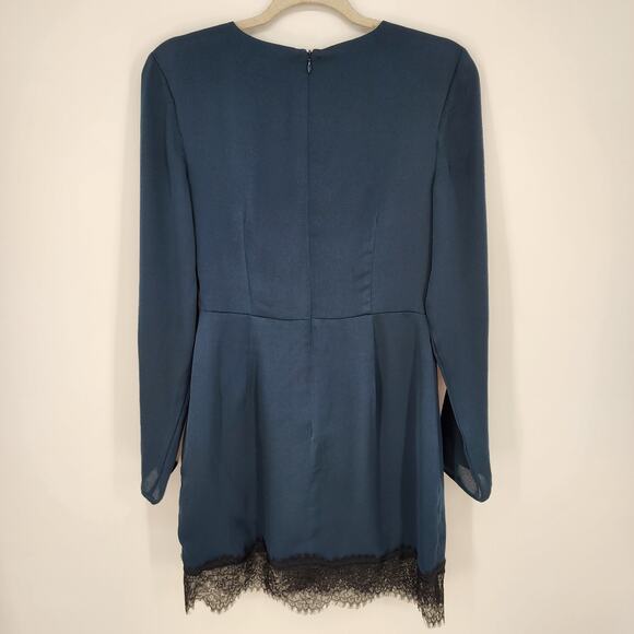 Keepsake The Label Mini Dress M Satin Lace Trim Long Flare Sleeve Blue Black - Picture 4 of 15